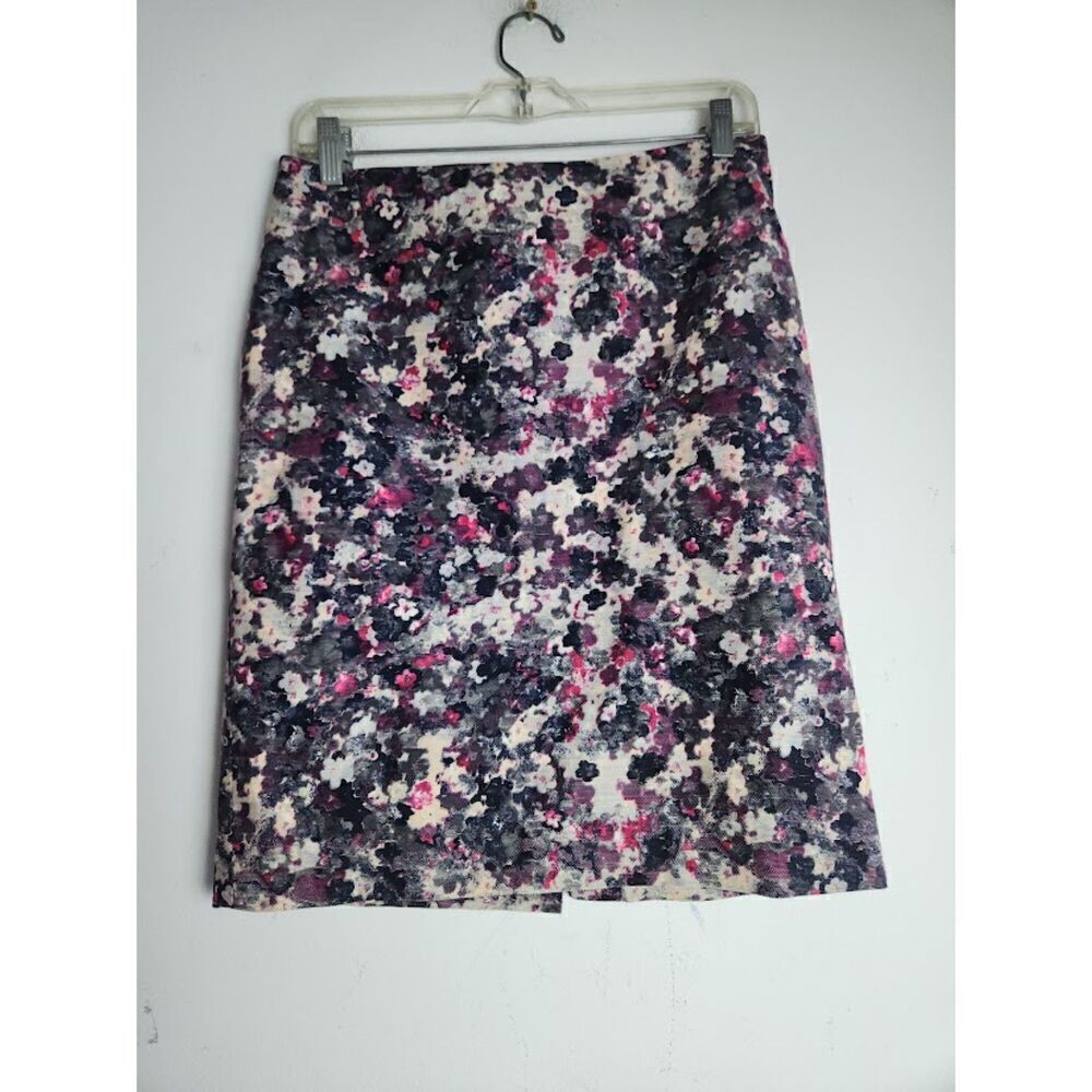 Talbots Grey W/Black Pink Floral Watercolor Corduroy Pencil Skirt Size 6 Petitie
